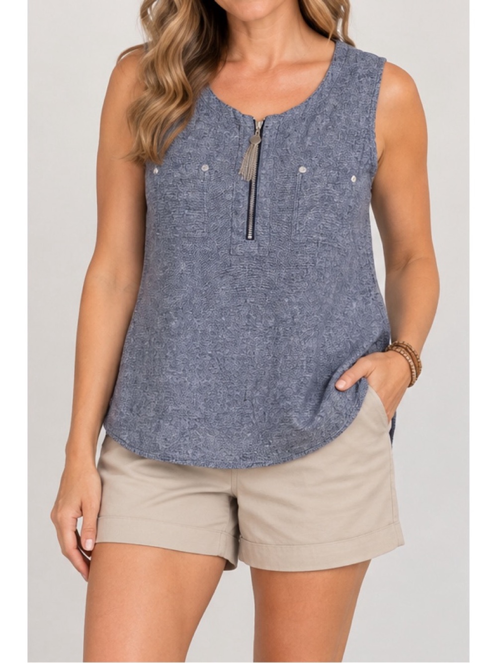 Anne Klein sleeveless top in a soft heathered blue-gray textured fabric, size XL